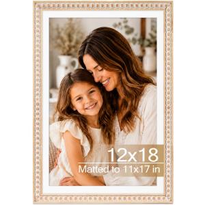Solid Wood 12x18 Picture Frame Beaded Frame with 11x17 Mat, Rustic Vintage 12 by 18 Photo Frame Matted with Plexiglass for Wall Display, Rustic White