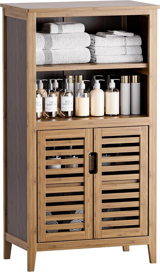 HITNET Walnut Bathroom Floor Cabinet, Bamboo Side Tall Storage Organizer, Freestanding Kitchen Cupboard with Door and Removable Shelf, Large