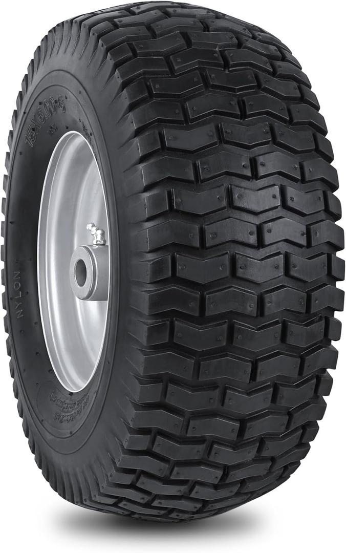 15x6.00-6nhs Lawn Mower Front Tire 4 Ply 15x6x6 Lawn Mower 570 Lbs Tire and Wheel with 3/4" Iron Bushing and 6 Spacers, Replacement for Garden Lawn Tractor Riding Lawn Mowers, 1 Pack (Silver)