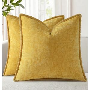 decorUhome Summer Chenille Soft Cozy Throw Pillow Covers 18x18 Set of 2, Modern Farmhouse Boho Velvet Decorative Pillow Cases with Stitched Edge for Couch Sofa Bed Home Decor, Mineral Yellow