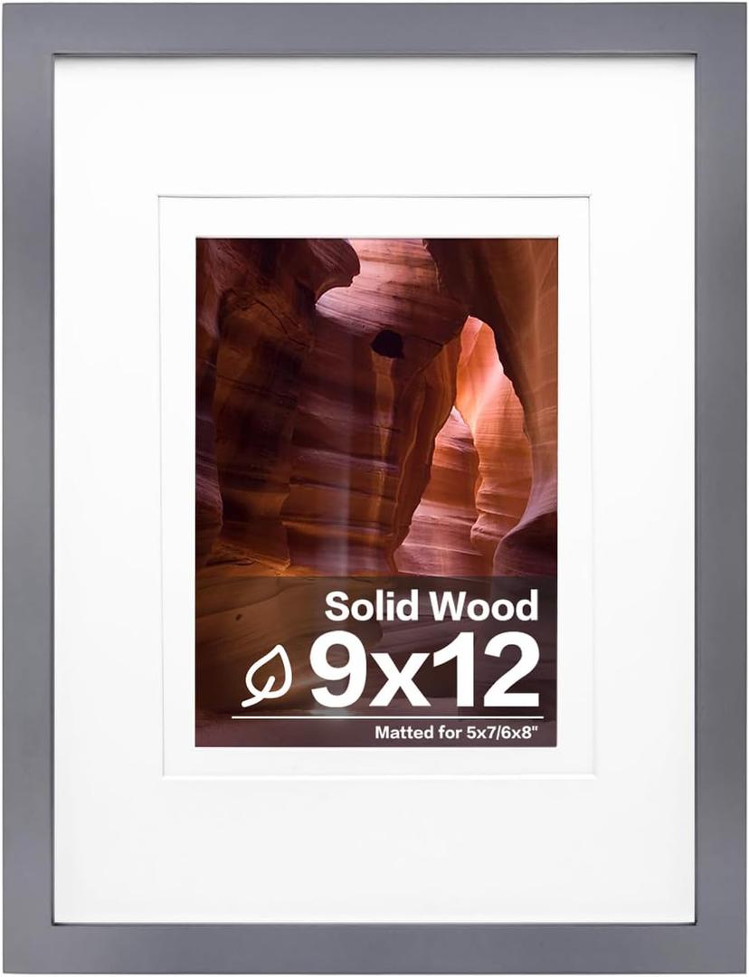Egofine 9x12 Picture Frame Made of Solid Wood Covered by Plexiglass, Wood Frame for Pictures 5x7/6x8 with Mat or 9x12 without Mat, Tabletop and Wall Mounting Display, Dark Grey