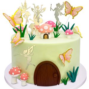 Tarocynn 31Pcs Fairy Cake Topper Mushroom Cake Decoration Butterfly Garden Theme Cake Decor for Birthday Baby Shower (Pink)