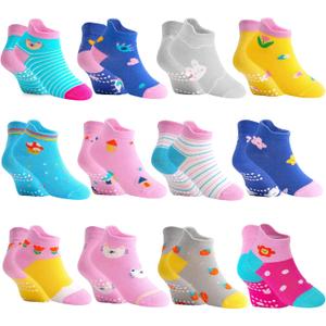 GRPSKCOS Toddler Socks 12 Pairs Non Slip Girls Sock Kids Ankle Socks with Grippers for 1-7 Years Children