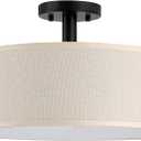 3 Light 12 Inch Semi Flush Mount Close to Ceiling Light Fixture,Off White Fabric Shade Black Finish for Bedroom,Living Room,Dining Room Hallway