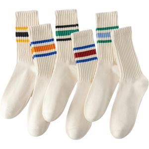 ULEEMARK 6 Pairs Of Neutral Crew Socks, Striped Retro Sports Calf Leather Socks, Casual Cotton Socks For Men & Women7-15 (10-12, Colour 6-pack)