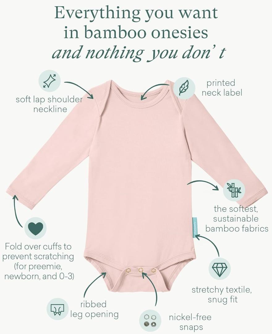 PurComfy Supersoft Long Sleeve Baby Bodysuits, Premium Bamboo Rayon Bodysuit Unisex Boy Girl 12-18  months,5 pack