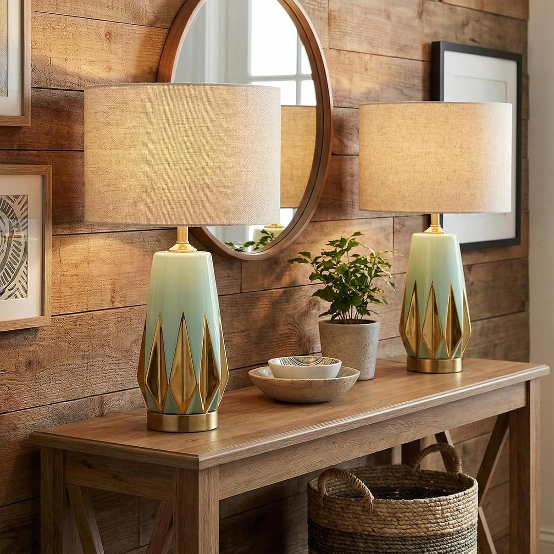 JINGOE 20" Mint Green Ceramic Table Lamps Set of 2 MCM Table Lamps for Bedroom Living Room Nightstand End Table Decor Lamps(Bulbs Included)