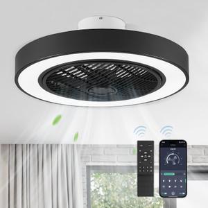 LEDIARY 22in Modern Bladeless Ceiling Fan with Bright LED Light and Remote, Black - 6 Speeds, 3000-6000K for Bedroom, Living Room, Kid Room (22 Inch)