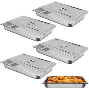 Hotel Pan, Full Size Steam Table Pan 2.5" Deep Stainless Steel With Lid 20.8" L x 13" W Anti-Jam Buffet Commercial (4 Pack)