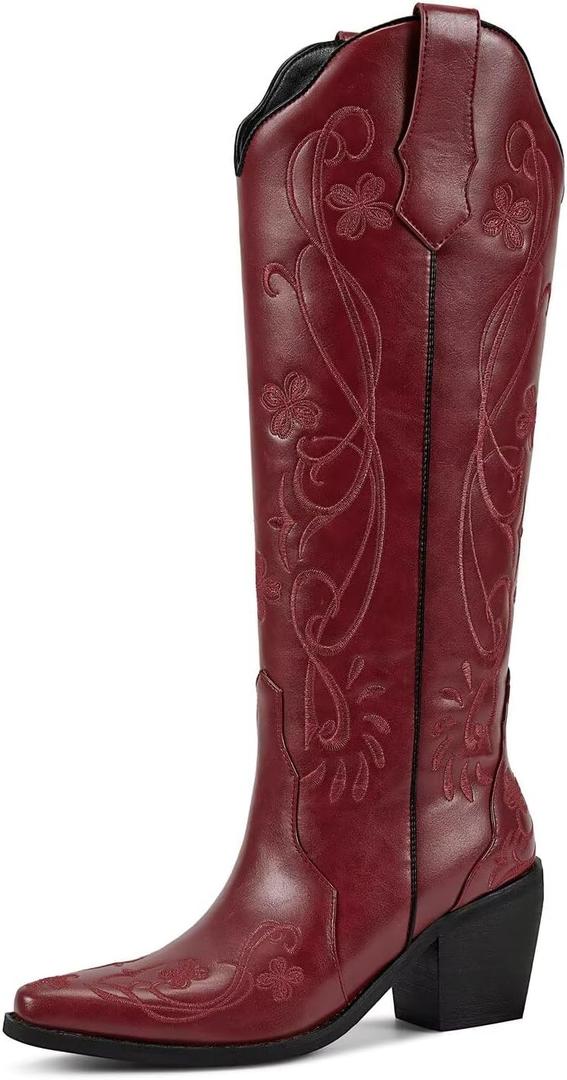 wetkiss Cowboy Boots for Women Knee High Cowgirl Boots, Western Boots with Floral Embroidered Pointed Toe Chunky Heel Pull On Retro Vintage Classic Tall Boots for Ladies 7.5