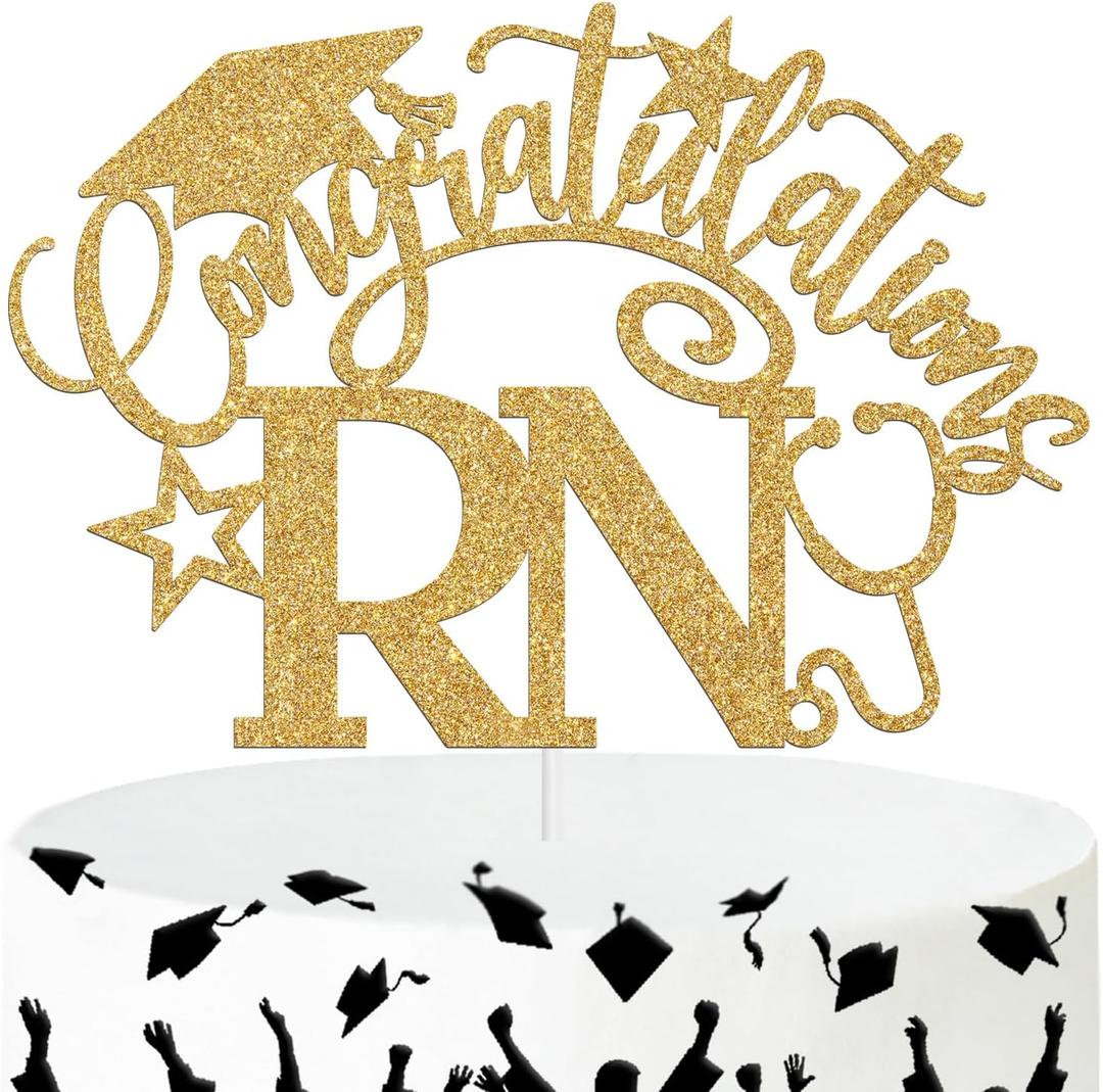 Ferburitar Congratulations RN Cake Topper, Congrats Nurse/BSN Cake Decor, 2025 Nursing School Grad Graduation Party Decorations Supplies, Gold Glitter