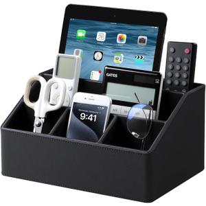 Remote Control Holder with 5 Compartments for Office Art Supplies, PU Leather Nightstand Organizer Pencil Pen Desk Caddy for Home, Desktop TV Remote Control Organizer Storage (Black)