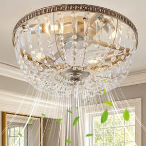 20inch Gold Crystal Flush Mount Ceiling Fan With Lights Low Profile, Medium