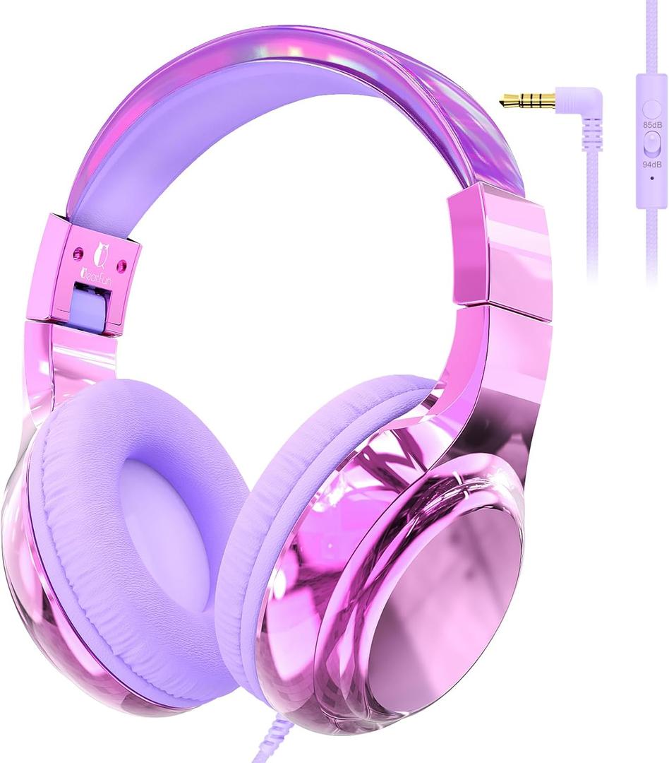 QearFun Kids Headphones Wired with Mic, 85/94dB Safe Volume Limit, Foldable Over Ear, Tangle-Free Cord & Sharing Port, Wired On-Ear Headset for School, Chromebook, Tablet, Travel - Boys & Girls (Light Purple)