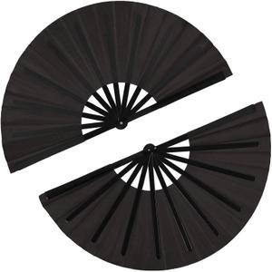 2 Pcs Large Clap Fans for Line Dancing Folding Hand Rave Fan Nylon Cloth Foldable for Line Dancing Festival Craft Dance Decoration for Party Favors(Black,Simple Pattern)