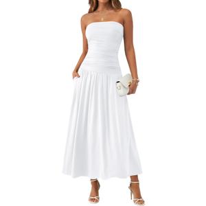 Trendy Queen Women Maxi Strapless Summer Tube Top Dress 2026 Ruched A Line Wedding Guest Long Sundress Spring Beach Outfit White M