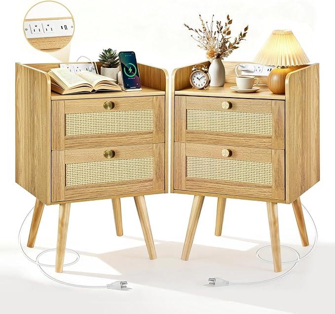 Rattan Nightstands Set of 2, Boho Bedside Table with 2 Drawers
Rattan Nightstand with Charging Station, Open Storage End Tables for Bedroom, Small Spaces and Dorm, Solid Wood Legs, Natural