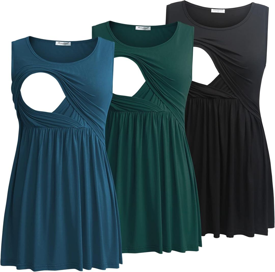 Bearsland Women's Maternity Nursing Tank Tops Sleeveless Scoop Neck Breastfeeding Shirt Pregnancy Clothes (X-Large, Black&green&vivid Blue)