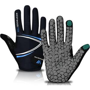 WESTWOOD FOX Full Finger Cycling Gloves, Padded, Anti-Slip Touchscreen, Shock Absorbing Mountain Bike Gloves for Road Bicycle, MTB, Road Racing, Biking and Sports Gloves for Men Women (Small, BLUE)