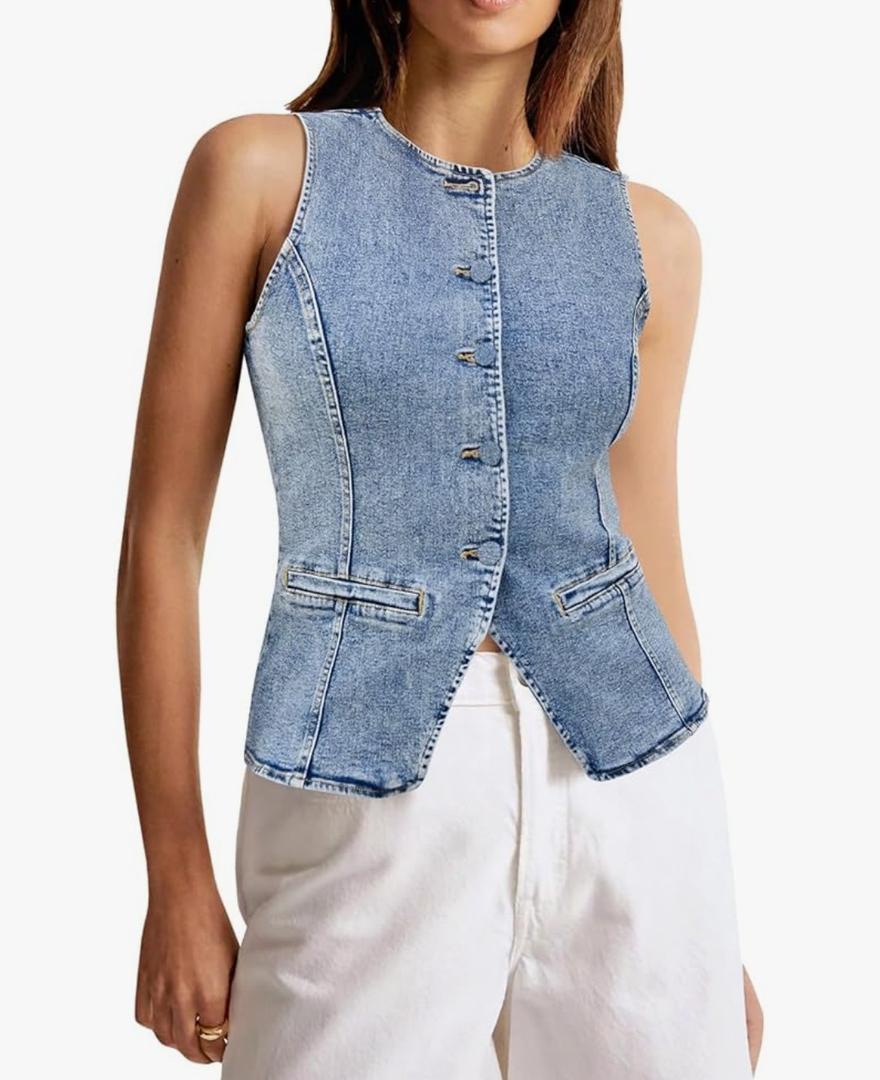 Tankaneo Womens Button Down Denim Vest Tops Sleeveless Fitted Jean Tank Tops Summer Trendy Casual Waistcoat, Size M