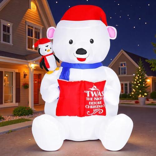 8FT Giant Christmas Inflatable Polar Bear with Penguin Decoration, LED Light Up & Built-in Speaker, Blow Up Outdoor Indoor Xmas Yard Decor for Lawn Garden Party Holiday Season