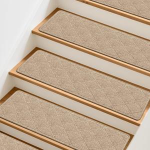 Stair Treads Non-Slip for Wooden Steps, 15Pack - 8" x 30" Edging Stair Runner Indoor for Kids Elders & Pets, Washable Carpet Stair Treads with Peel & Stick Reusable TPE Backing, Beige