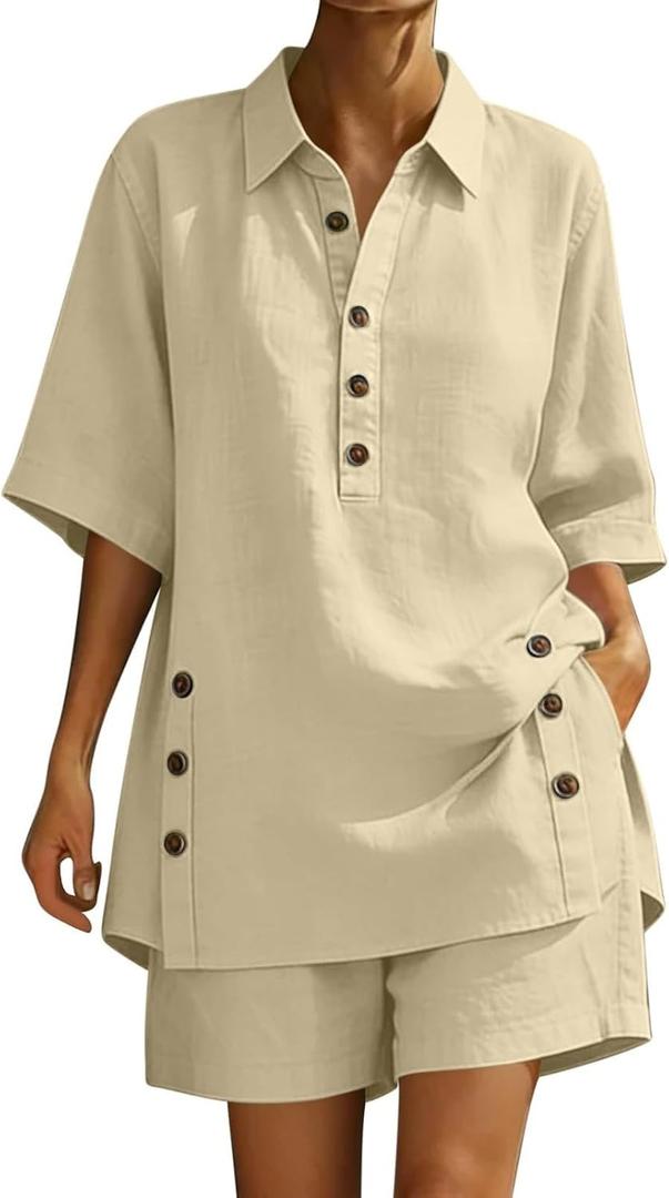 Linen Sets for Women 2 Piece Short Sleeve Shirts Wide Leg Shorts Matching Set, Casual 2 Piece Outfit for Summer Beach, XL