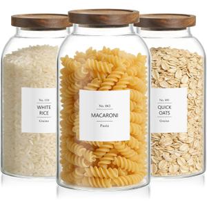 88oz Large Glass Storage Jars with Airtight Acacia Lid and 126 Kitchen Pantry Labels Set of 3, Clear Food Storage Containers for Rice, Pasta, Oats, Cookies and Dry Food
