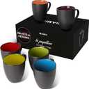 MIAMIO - Set of 6 Stoneware Coffee Mugs 12 Ounce/Cup Set - Le Papillon Collection (Black-Colourful)