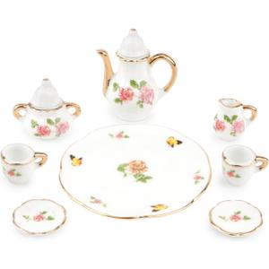 Dollhouse 1:6 Porcelain Tea Cup Sets 8 Pcs Set Miniature Ceramics Dollhouse Accessories Flower Pattern Teapot Platter Dish Sets Dollhouse Kitchen Supplies Decoration (Butterfly)