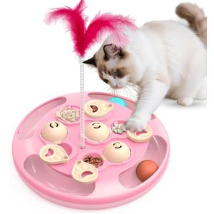 Cat Puzzle Toys Games Level 3 in 1 with Track Balls, Feather Teaser & Treat Feeder | Non-Slip Base | Mental Stimulation Enrichment for Indoor Cat, Dogs | Kitty Gift, Pink