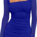 BORIFLORS Women's Sexy Ruched Bodycon Mini Dress Mesh Long Sleeve Club Party Short Dresses (Royal Blue)