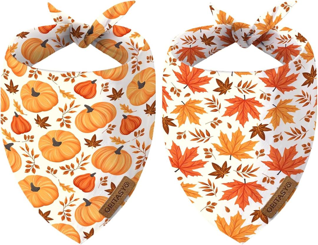 Fall Thanksgiving Dog Bandanas for All Dogs (2-Pack Triangle Reversible Pet Scarves) (Autumn Pumpkin Maple Leaves) Premium Fabric Holidays Bandana, X-Large Q