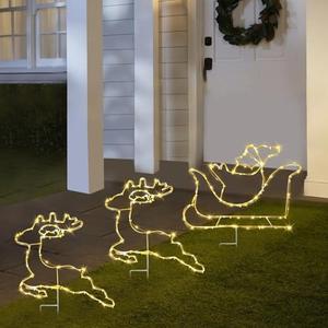 Christmas Pathway Lights Outdoor, Set of 3 Reindeer and Sleigh Christmas Walkway Decoration, with 150 Warm White Lights and 8 Lighting Modes