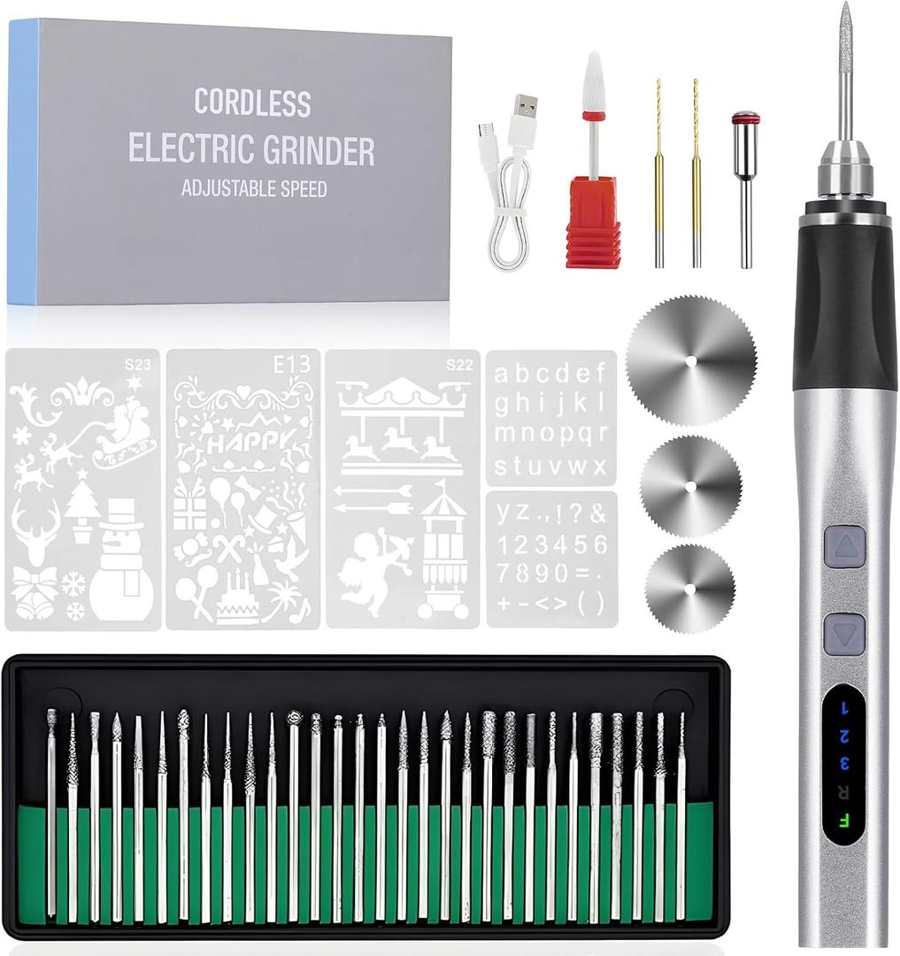 [Upgrade 2-Way Rotary] Electric Engraving Pen with 37 Bits, Cordless Engraver Pen USB Rechargeable, Portable DIY Rotary Engraver Machine for Jewelry Wood Glass Stone Carving (Silver)