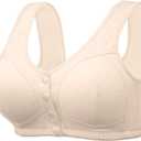 Ribbed Bras for Women Front Closure No Underwire Comfort Senior Wireless Snap Closing Bra (Beige) 42D