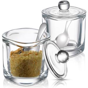 2 Set Glass Salt Cellar with Lid and Spoon Container for Kosher, Sea, Himalayan Salt, Candy, Pepper, Heavyweight Seasoning Jar, Dishwasher Safe, 8.7oz (White)