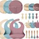 24 PCS Silicone Baby Feeding Set, Baby Led Weaning Supplies Includes Suction Bowls and Divided Plates, Adjustable Silicone Bib, Spoons&forks, Training cup with straw(Pink+Blue+Beige)