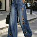 Kwunbwa Women's Metal Circle Cut Out Jeans Baggy Wide Leg Denim Pants (Blue, S)
