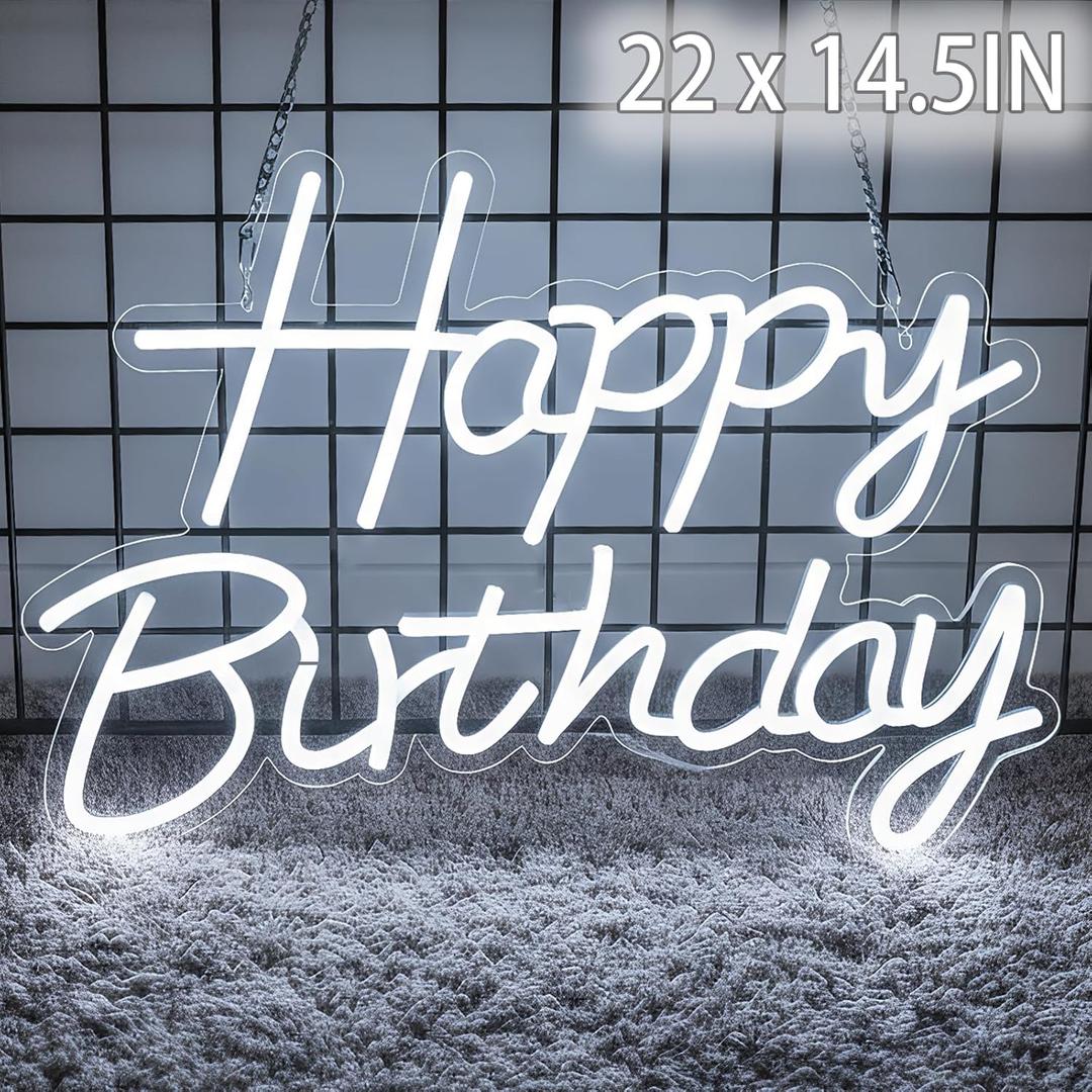 22" x 14.5" Happy Birthday Neon Sign for Backdrop, LED Happy Birthday Light Up Sign, USB Powered Dimmable Neon Light for Birthday Party Decorations, Wall Decor, White