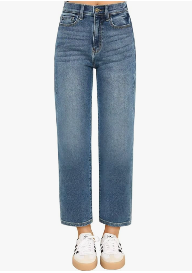 KDF Women's Cropped Straight Leg Jeans - High Waisted Jeans for Women 7/8 Length Denim Pants with Crop Hem