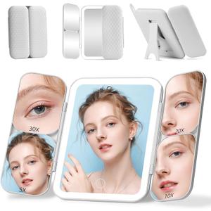 Tri-fold Vanity Mirror with Light,1X/5X/10X/20X/30X Makeup Magnifying Mirror with Lights,Rechargeable Travel Makeup Mirror with Foldable Stand,Dimmable in 3 Colors,Touch Control (White)