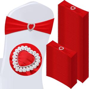 VitalCozy 100 Pcs Spandex Chair Sashes with Heart Shaped Buckle Slider Stretch Chair Cover Band Universal Elastic Ties for Wedding Banquet Event Party Decoration(Red)