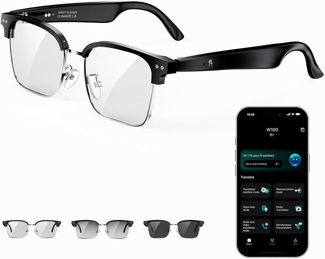 AI Smart Glasses for Women and Men, Bluetooth Sunglasses with Chat GPT and 164 Languages , Translation Glasses with Color-Change Lens, Music Playback & Hands-Free Calls, UV & Blue Light Protection (Semi-rimless with Photochromic Lens)