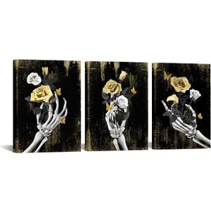 WELMECO Skull Wall Decor Gothic Room Decor Pictures Skull Art Painting Halloween Decoration 12"x16"x3 Pieces (Gold)