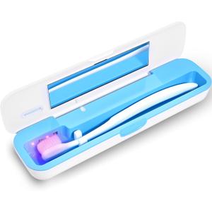 UV Toothbrush Sanitizer and Holder, Portable Travel Case and Cover, Toothbrush Cleaner Powered by AA Battery or USB-C, Fits Most Brushes (White-Blue)