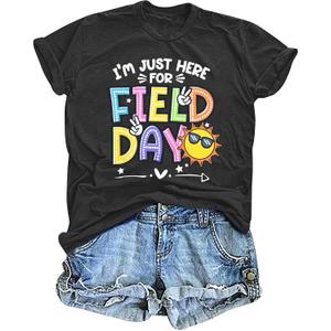 I'm Just Here for Field Day Tshirt Woman School Field Day Shirts Teacher Students T-Shirt Casual Short Sleeve Tops, Large