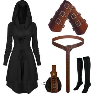 Renaissance Costume Women Hooded Robe Lace Up Dress Halloween Vintage Medieval Cloak (X-Small, Black)