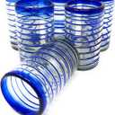 Hand Blown Mexican Drinking Glasses Set of 5 Glasses with Cobalt Blue Spiral Design (14 oz each)
