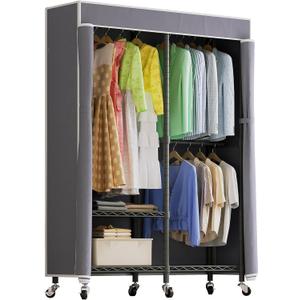 H9 Heavy Duty Rolling Clothes Rack with Cover, Covered Garment Rack with Wheels and Shelves, Wardrobe Closet, Portable Closet for Hanging Clothes, Black Clothing Rack with Grey Cover